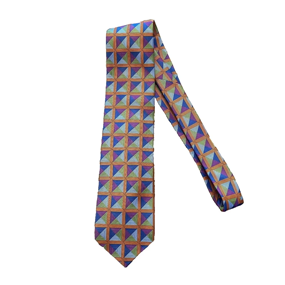 Robert Talbott Best Of Class 100% Silk Tie Geometric Squares Orange USA 60x3 5/8